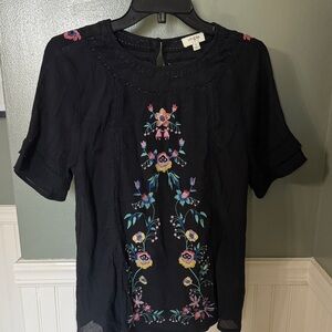 Umgee Navy Short Sleeve Floral Embroidered Blouse Small